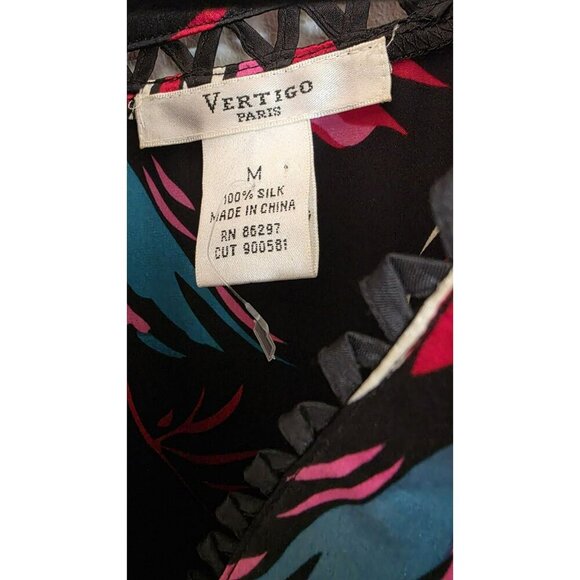 Vertigo Paris Silk Dress Womens Medium Side Zip Tie Black Floral Red Colorful - Picture 3 of 11